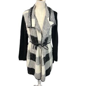 Ava Couture Long Sleeve Sweater Cardigan Black White Plaid Womens L Fuzzy